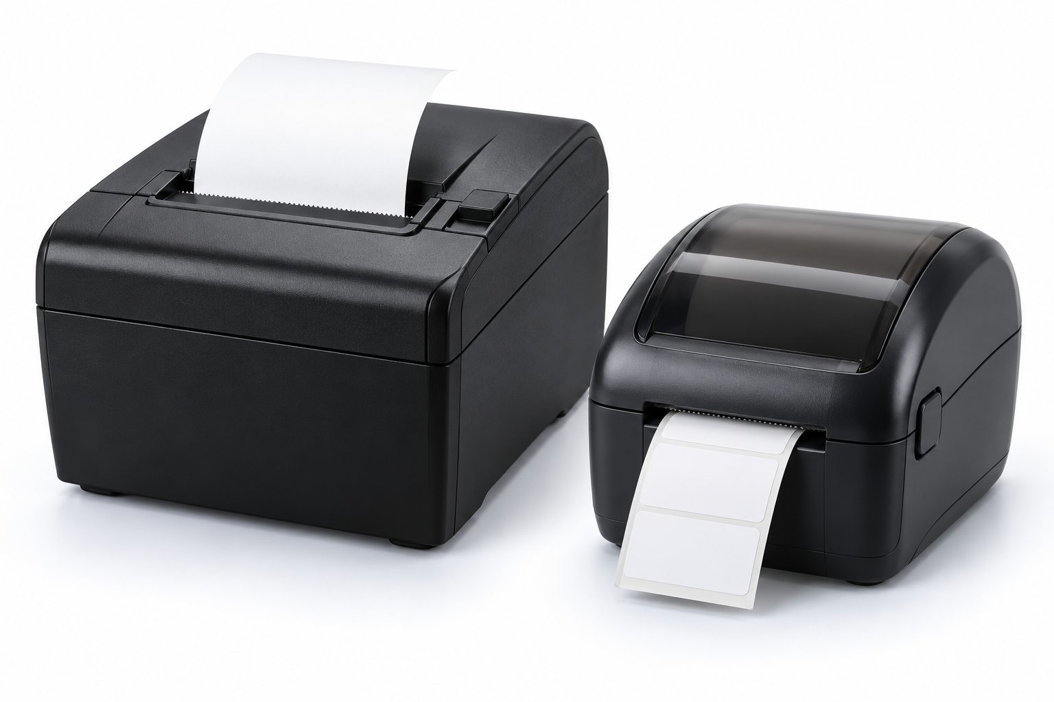 Thermal receipt printer and barcode label printer on a clean studio background