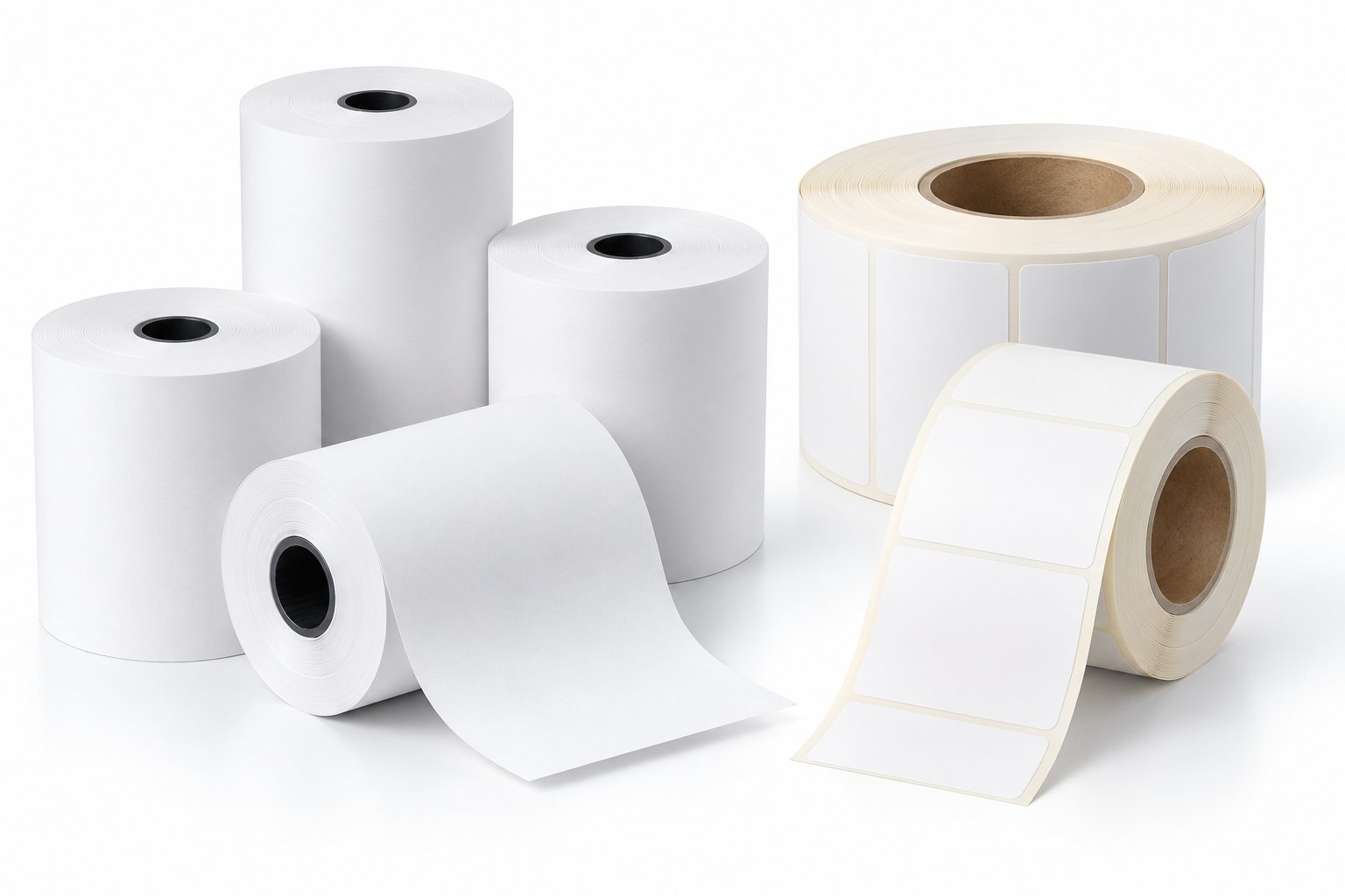 Thermal paper rolls and barcode label rolls on a clean studio background